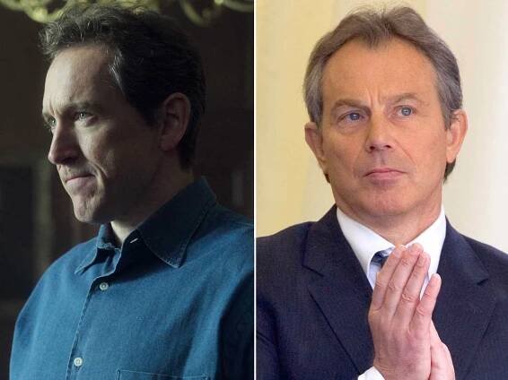 Bertie Carvel as Tony Blair in 'The Crown' Season 6. ; Tony Blair attends the unveiling of the national police memorial.