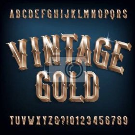Vintage Gold alphabet font. 3D retro golden letters, numbers and symbols. Stock vector typescript for your design.