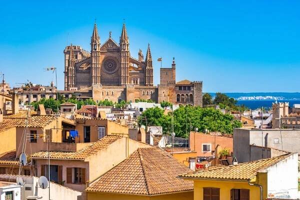 palma de mallorca s výhledem na katedrálu la seu, španělské baleárské ostrovy - palma de mallorca - stock snímky, obrázky a fotky