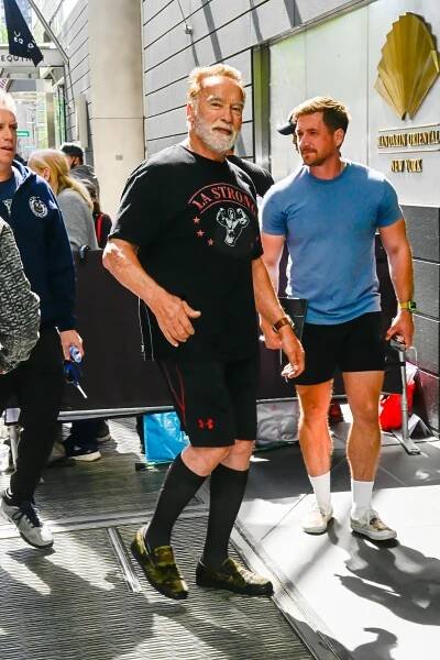 Arnold Schwarzenegger and Dan Jarvis spotted in New York City on May 12, 2025. Photo by Raymond Hall/GC Images.