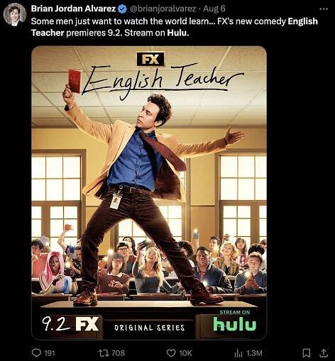 brian jordan alvarez dancing shirtless to promote english teacher on hulu