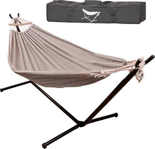 Houpací hamaka pro dva s ocelovým stojanem KX3297 210 x 150 cm šedá