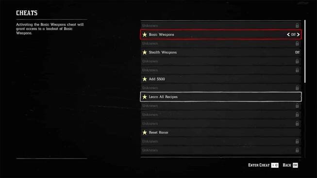 A screenshot showing the cheats interface in RDR2