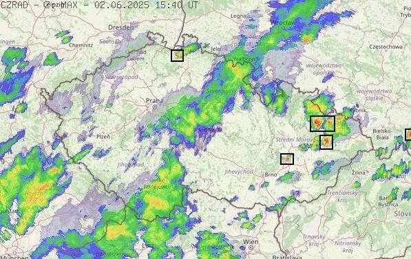Radarový snímek ČR s kroupy - 02.06.2025 17:40
