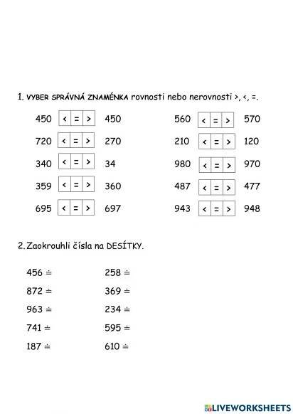 Porovnávání, zaokrouhlování na desítky worksheet | Live Worksheets