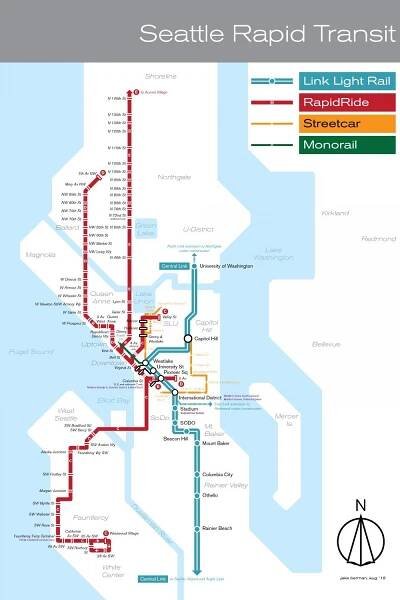 Map of Seattle train: railway lines and railway stations of Seattle