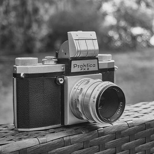 1956 Praktica FX2 exported to the U.S. and there labeled "USSR OCCUPIED"