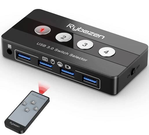 USB 3.0 Switch Selector, 4 Port KVM Switch USB Peripheral Switcher Box, 4 Computers Sharing 4 USB Devices, for PC, Printer, Scanner, Mouse, Keyboard, Button Switch & Remote Control