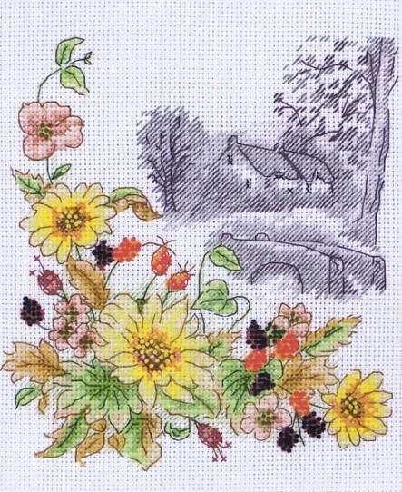 a cross stitch pattern with flowers and an old chair in the back ground, on a white background