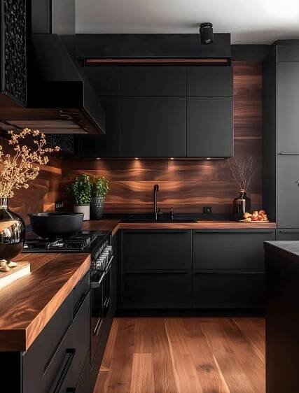 Pin de Siddhant Sinha en Interior design style en 2025 | Cocinas de casas pequeñas, Decoración de cocinas negras, Cocinas de casa