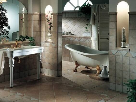 a bath room with a tub a sink and a mirror on the wall in it