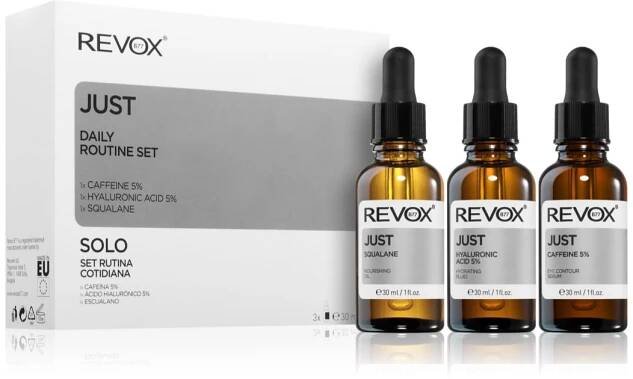 Revox Just Daily Routine pleťové sérum B77 Just Hyaluronic Acid 5% 30 ml + oční sérum B77 Just Caffeine 5% 30 ml + pleťový olej B77 Just Squalane 30 ml dárková sada