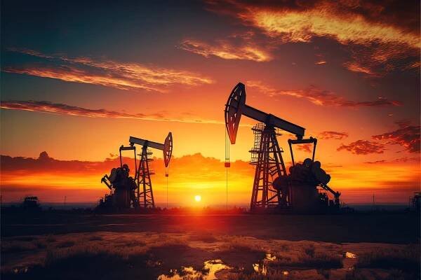 Installation for oil production at sunset. AI