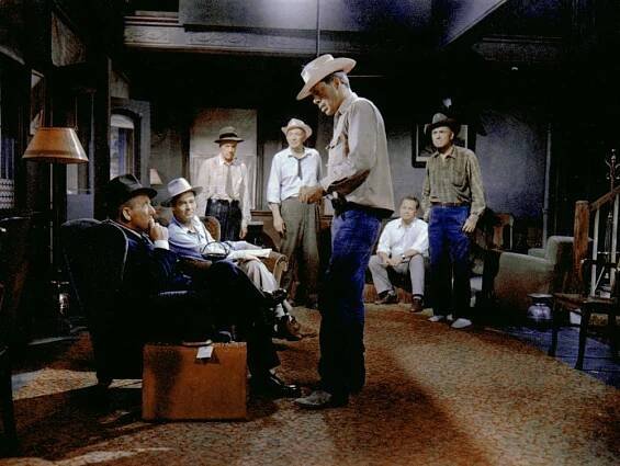 BAD DAY AT BLACK ROCK, Spencer Tracy, Robert Ryan, Russell Collins, Walter Brennan, Walter Sande, Dean Jagger, Lee Marvin (center), 1955