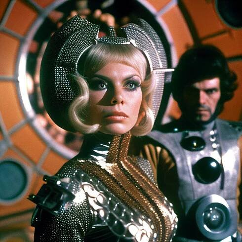 A still from a 1968 science fiction movie featuring an intergalactic villain, elaborate costume, metallic, Barbarella, Zardoz