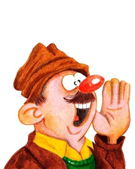 Watercolor illustration of man in a hat and brown jacket with mustache and red nose. Happy father's day sketch. Cute funny character in green sweater and yellow shirt. For postcards, holiday poster — Stock Image