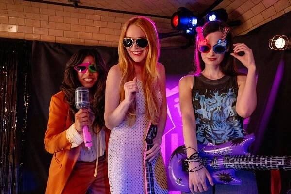(L-R) Christina Vidal Mitchell as Maddie, Lindsay Lohan as Anna Coleman and Haley Hudson as Peg in Disney's FREAKIER FRIDAY. Photo by Glen Wilson. © 2025 Disney Enterprises, Inc. All Rights Reserved.