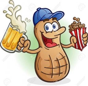 Pražené arašídy karikatura na velkou hru jedení oříšků a pití studené pivo pěnivý — Ilustrace