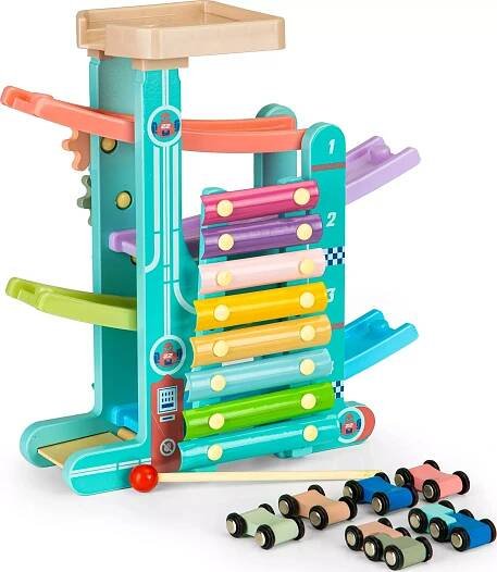 ECOTOYS Dřevěná edukační skluzavka s xylofonem + 6 autíček