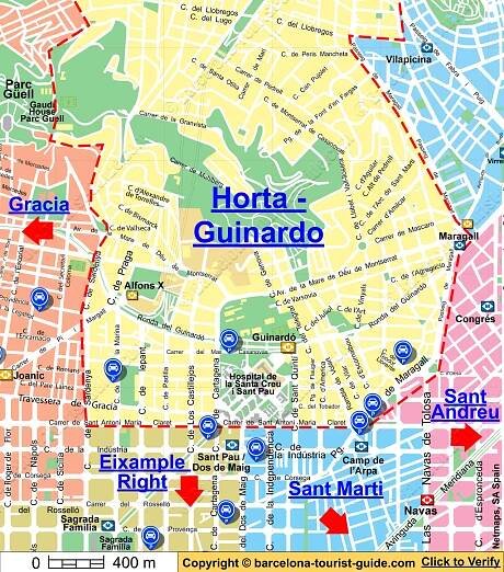 Mapa zobrazující parkoviště v blízkosti Horta - Guinardo v Barceloně, Španělsko. Kliknutím na modré popisky parkovišť se dostanete na stránku s podrobnými informacemi o daném parkovišti.