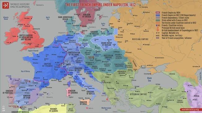 Map of the First French Empire under Napoleon, 1812