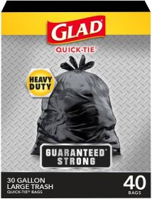 Glad Quick Tie Extra Strong Large Trash Bags, 30 Gallon, 40 Bags