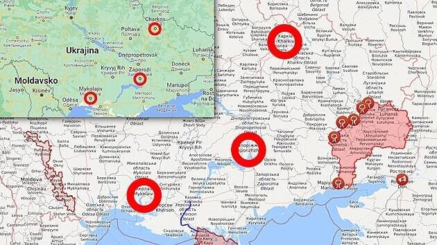 Mapa východní Ukrajiny s vyznačením oblastí obsazených ruskými separatisty a se zakreslením měst Charkov, Záporoží a Nikolajev, ve kterých sídlí vojenské podniky, strategicky důležité pro ruskou armádu.