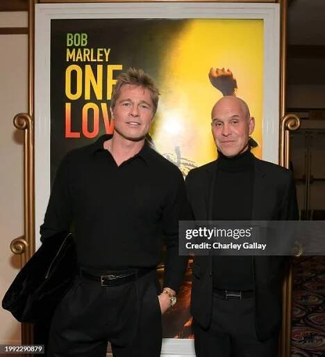 Brad Pitt and Brian Robbins, President and CEO, Paramount Pictures attend the Los Angeles Premiere of "Bob Marley: One Love" at Regency Village...