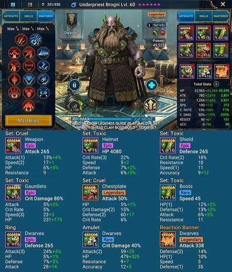 Raid Shadow Legends Underpriest Brogni Artifact and Stats Reference Guide for Infinity Shield Clan Boss Build
