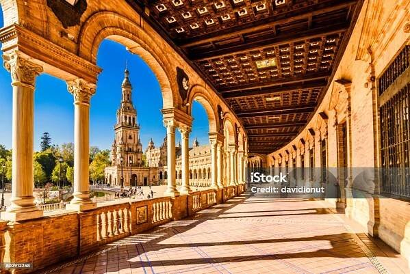 Plaza de espana Sevilla, Andalusie, Španělsko. - Bez autorských poplatků Sevilla Stock fotka