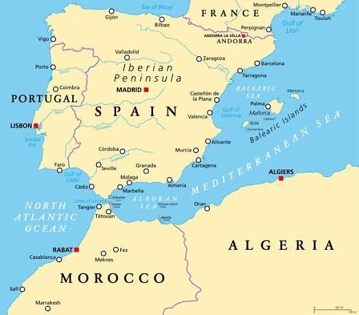 západní středomoří, pyrenejský poloostrov, politická mapa - gibraltar map stock ilustrace