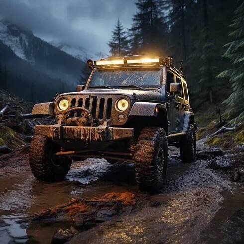 AI generated image of a Jeep like vehicle in the mountains with its lights on