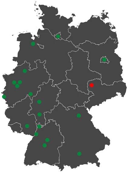Map of Germany with markers at the locations of all the projects with Muenster
 marked in red