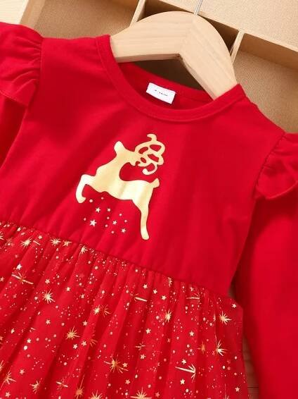 batole děvčata vánoční večírek maškarní oblečení   zlatý potisk s písmeny zářící hvězdy grafická síťovina tutu dress set Podrobnosti o produktu 4