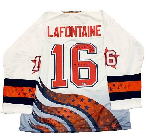 Pat LaFontaine Signed Custom Team USA Stitched Jersey with HOF 2003 + 96 W.C Champs Signed Hockey Jersey TSE Buffalo 