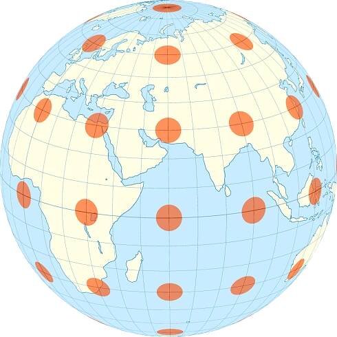 Spherical mapping of the equirectangular texture. Note the dots at and near the poles appear at the same scale as the dots at the equator.
