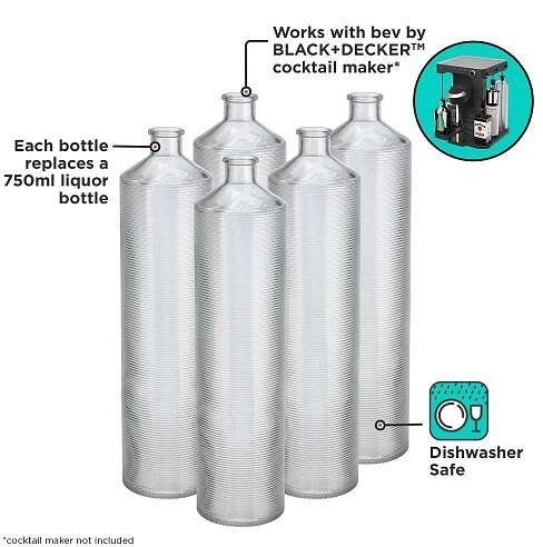 Close up of  bev by BLACK+DECKER™sleek glass bottles, each bottle replaces a 750ml liquor bottle and is dishwasher safe