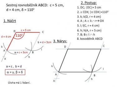 Náčrt c = 5 cm d = 4 cm a = c, b = d α = γ, β = δ a = c = 5cm b = d = 5cm X A B C D k h l 2. Postup: 1. DC; |DC|= 5 cm 3. k; k(D, r = 4 cm) 2.  CDX; |< CDX|= A ; A  k  DX 5. l; l(C, r = 4 cm) 6. h; h(A, r = 5 cm) 7. B; B  l  h 8. kosodélník ABCD 3. Nárys: D C X k A h l B Úloha má 1 řešení..