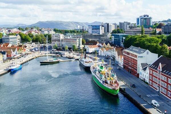 Stavanger harbor with ships and buildings.