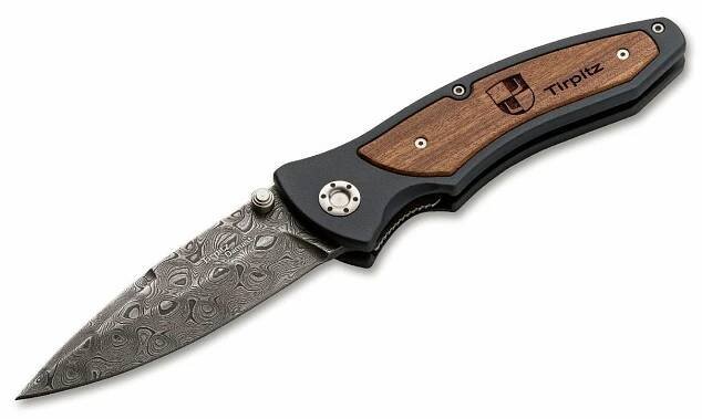 Böker Manufaktur Solingen 110190DAM Tirpitz-Damascus kapesní nůž 9,9 cm, damašek, hliník, ořech