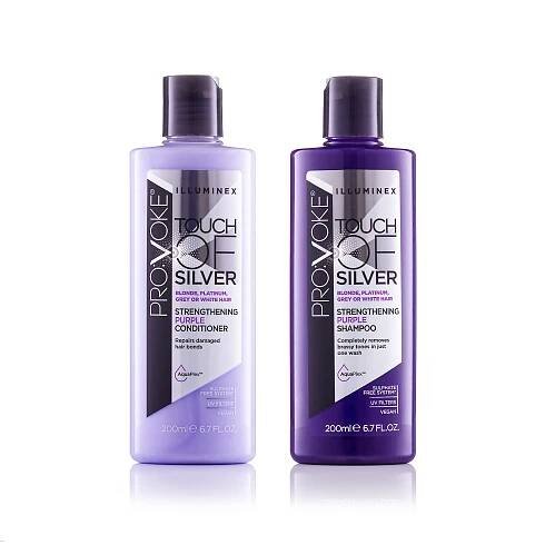 illuminex touch of silver purple shampoo and conditioner bottles on a pure white background