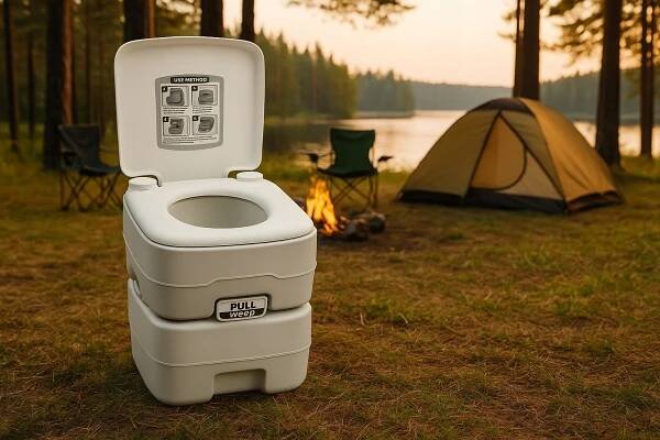 TURISTICKÁ TOALETA PŘENOSNÁ KEMPINGOVÁ MOBILNÍ WC NA POZEMEK POD STAN Další funkce rukojeti pro přenášení