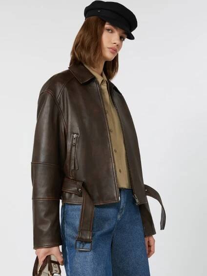 Nappa leather biker jacket - DARK BROWN - Weekend