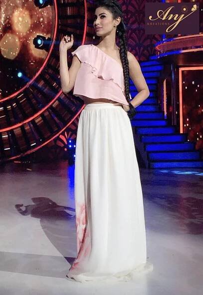 Mouni Roy in Blush Crop Top & Printed Skirt