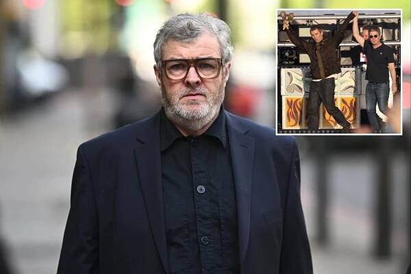 An image collage containing 2 images, Image 1 shows Paul Gallagher arriving at Westminster Magistrates' Court, Image 2 shows Two men on stage holding hands, one holding maracas