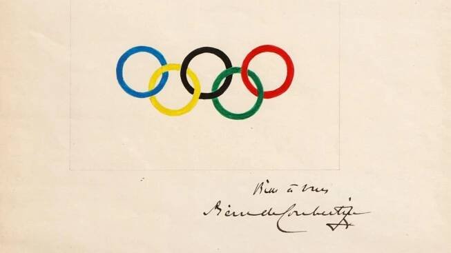 Originální kresba olympijských kruhů Francouze Pierra de Coubertina z roku 1913