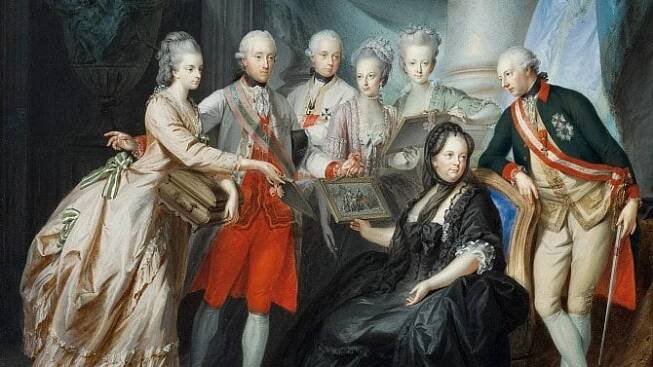 Marie Terezie s rodinou, zcela vpravo její syn, spoluvládce a nástupce Josef II. Marie Terezie měla šestnáct dětí a rodila zřejmě celkem snadno, na rozdíl od svých dcer.