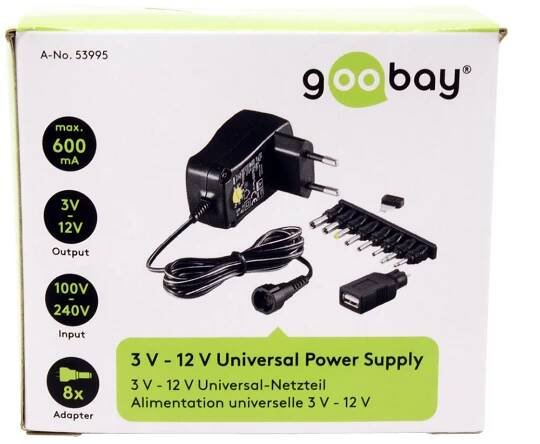 goobay Univerzální napájecí adaptér 3-12V/600mA s USB, černý