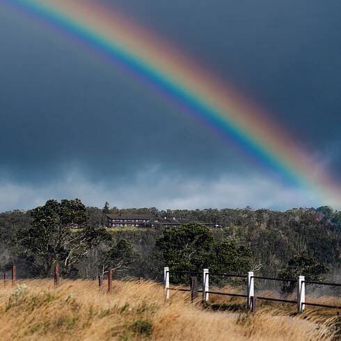 A rainbow over a hillside in a park. There is a hotel in the background, a fence and wheat-like vegetation in the foreground.
