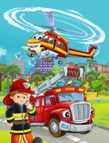 Kreslená scéna s hasičským vozem na silnici a hasičem - ilustrace pro děti — Stock obrázek